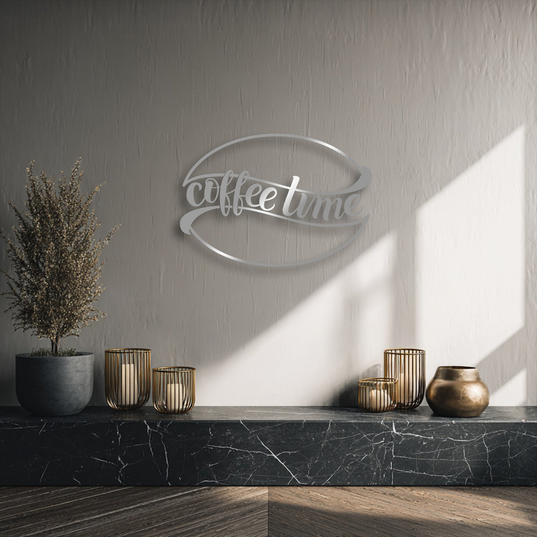 The visual rhythm of the 'Coffee Time' metal art for wall is captured by its elegant script and sweeping lines, beautifully complemented by light.
