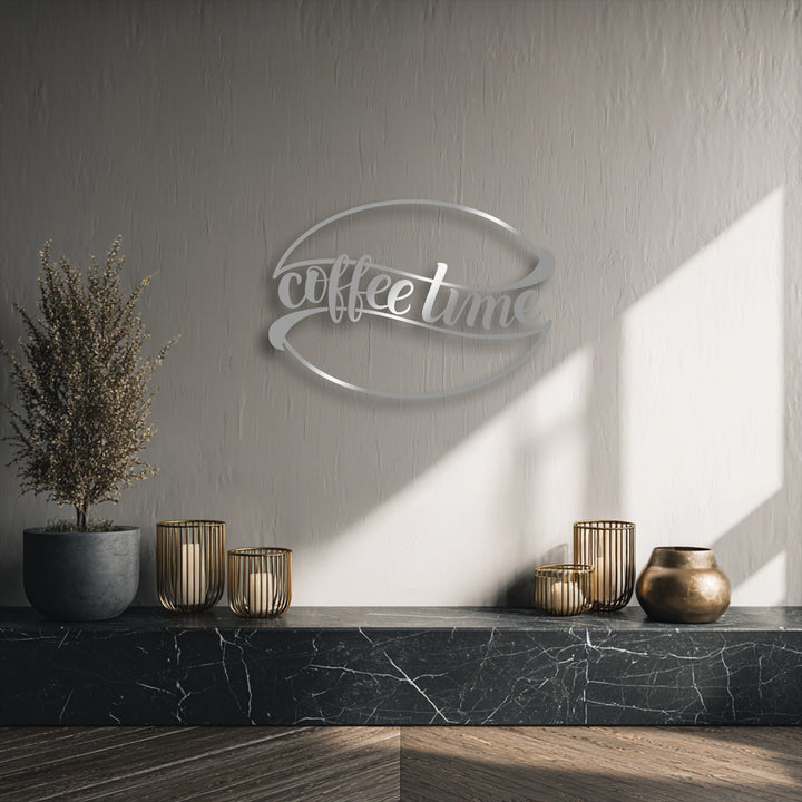 The visual rhythm of the 'Coffee Time' metal art for wall is captured by its elegant script and sweeping lines, beautifully complemented by light.
