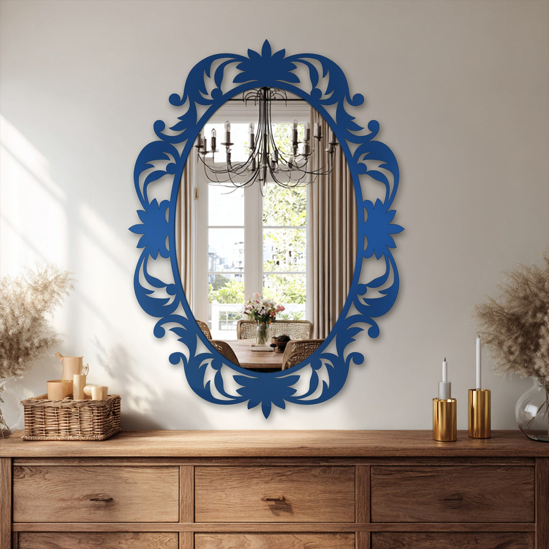 Featuring the layering effect, a stained glass wall mirror showcases an oval frame adorned with Victorian-inspired floral patterns, creating a captivating decorative design.
