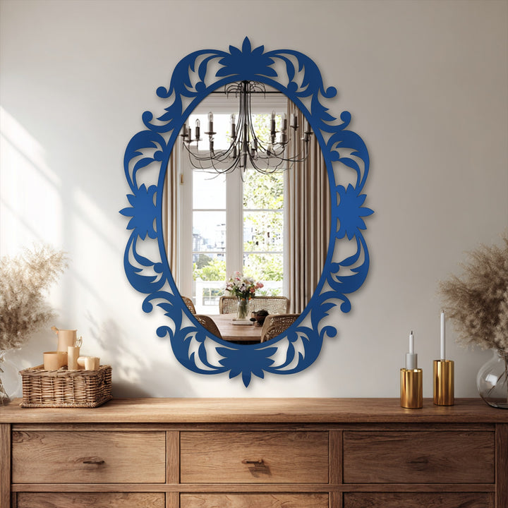 Featuring the layering effect, a stained glass wall mirror showcases an oval frame adorned with Victorian-inspired floral patterns, creating a captivating decorative design.