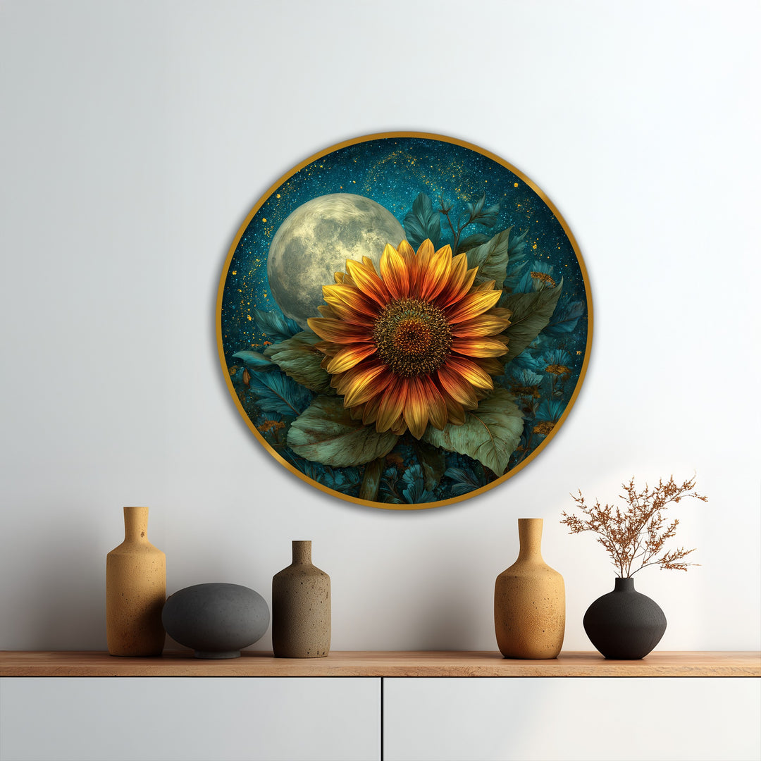 Moonlit Sunflower Bloom – Dreamlike Floral Round Oil Painting