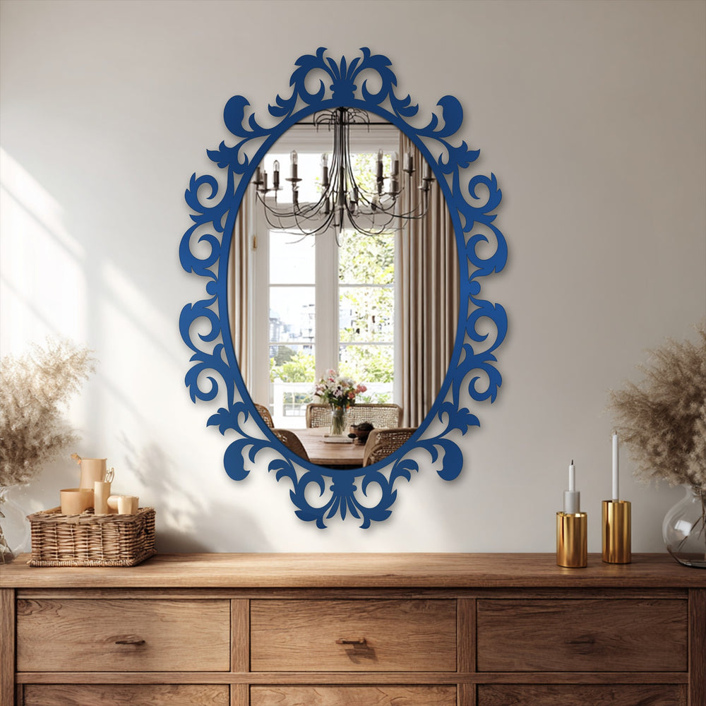 Oriented vertically, the imperial scroll leaf oval floor mirror is an exquisite piece for decorating with wall mirrors, featuring a striking blue ornate frame.