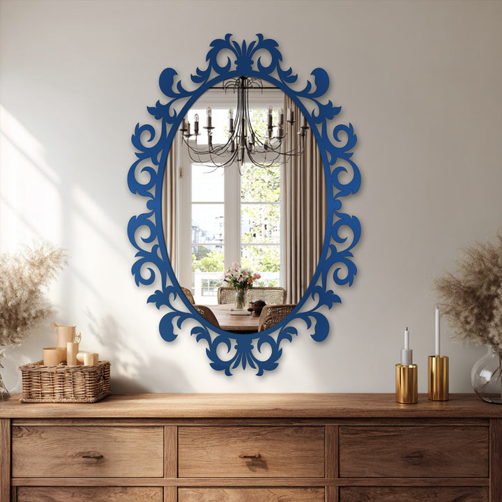 Oriented vertically, the imperial scroll leaf oval floor mirror is an exquisite piece for decorating with wall mirrors, featuring a striking blue ornate frame.