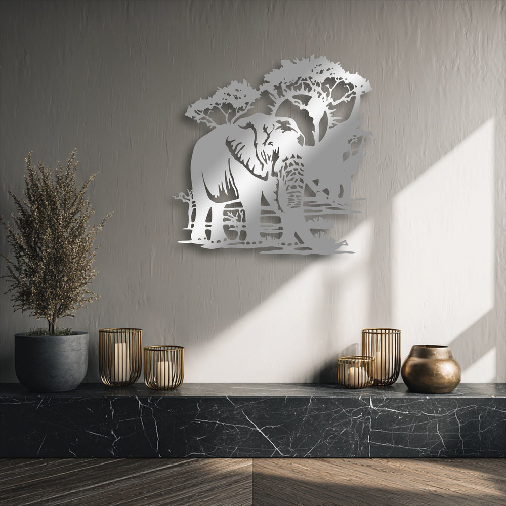 The playful dance of light and shadow moves across the majestic elephant safari landscape metal decoration wall art.