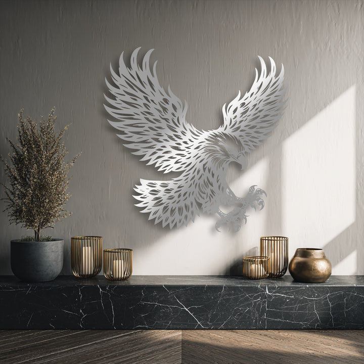 Majestic eagle metal wall art creates depth with its layered design, shadow on wall, a powerful decoration wall art piece.