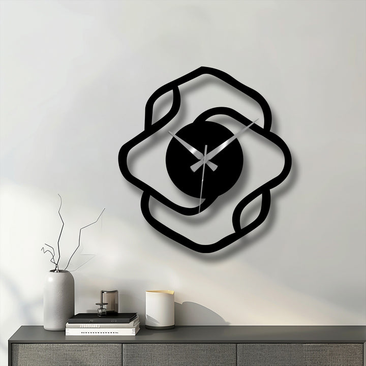 Multiple depths and layers are apparent in this abstract organic shape modern metal art for wall clock, casting shadows and adding dimension to the design.