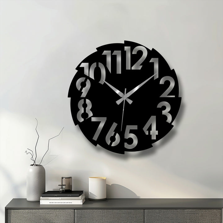The striking transition between the black base and silver numbers defines this modern split number metal artwork, creating a visually stunning large decorative wall clock.