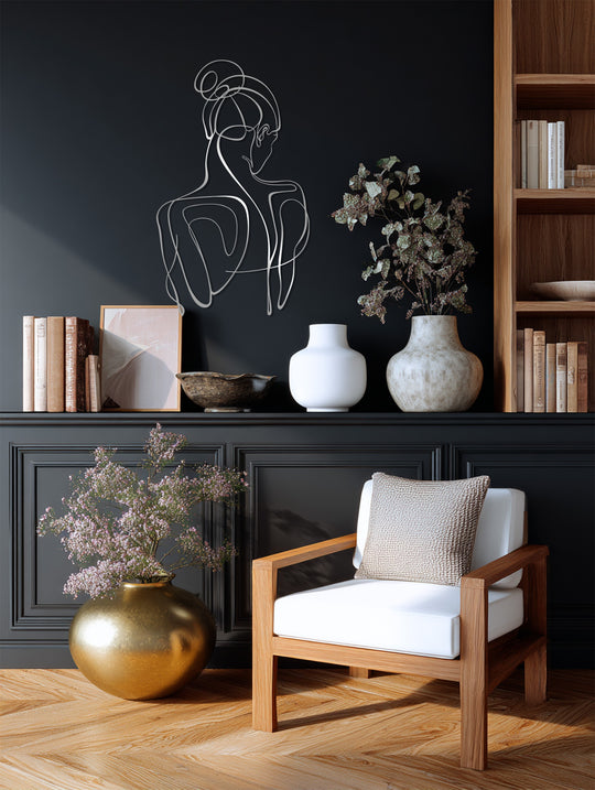 Highlighting the geometric elements, the minimalist line silhouette in this abstract woman metal decoration wall art creates a striking, modern visual.