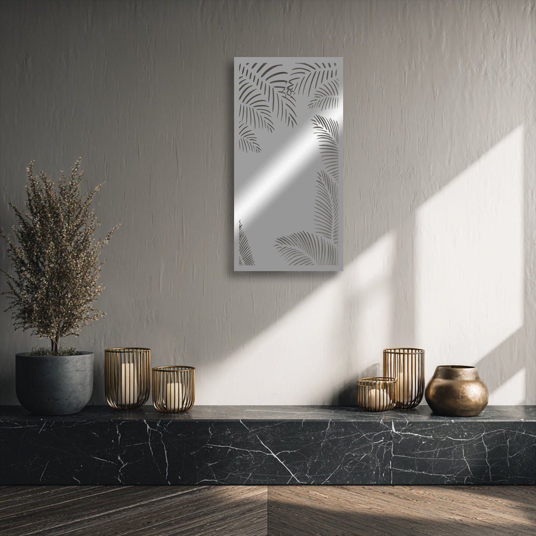 The layering effect is prominent in this tropical palm silhouette metal art for wall, showcasing intricate leaf patterns against a textured background.