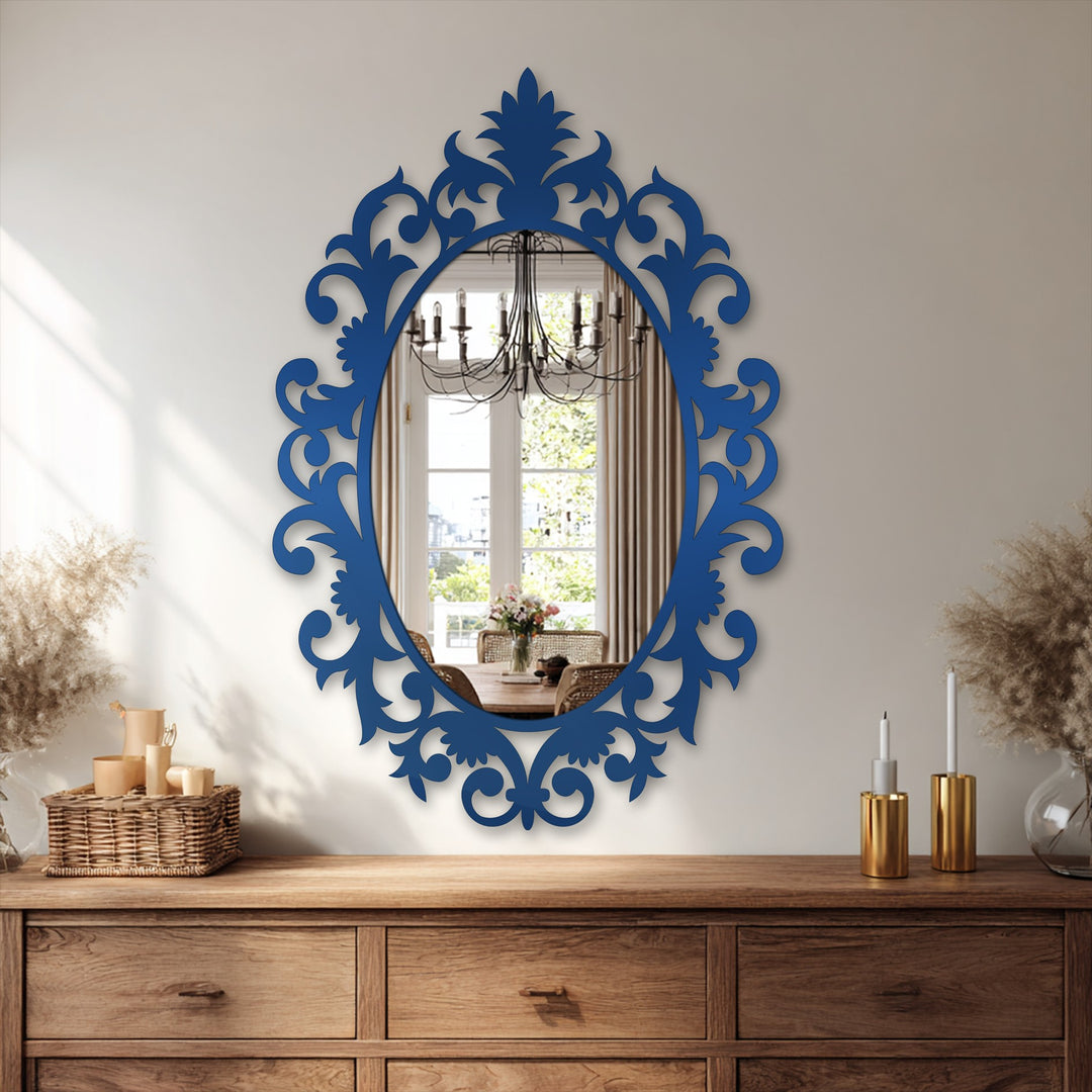 Aesthetic mood conveyed by the crowned baroque oval floor mirror with its intricate frame, adding a touch of luxury to the decorative mirror and room's ambiance.