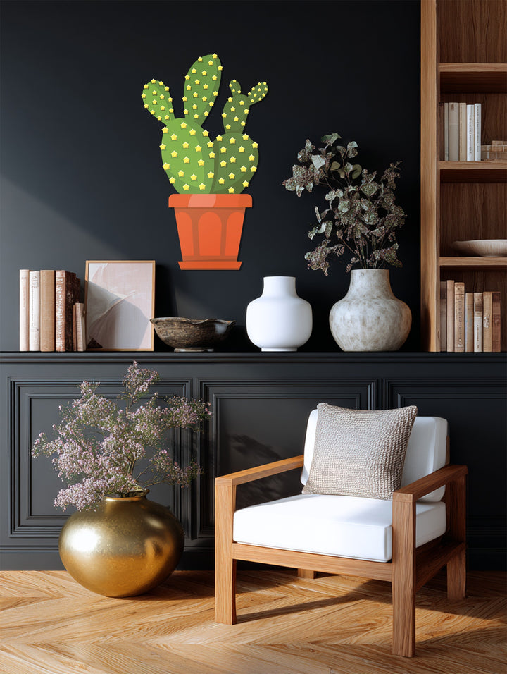 Realistic detail showcases the prickly pear cactus decoration wall art, highlighting the texture and starbursts on this modern desert botanical piece.