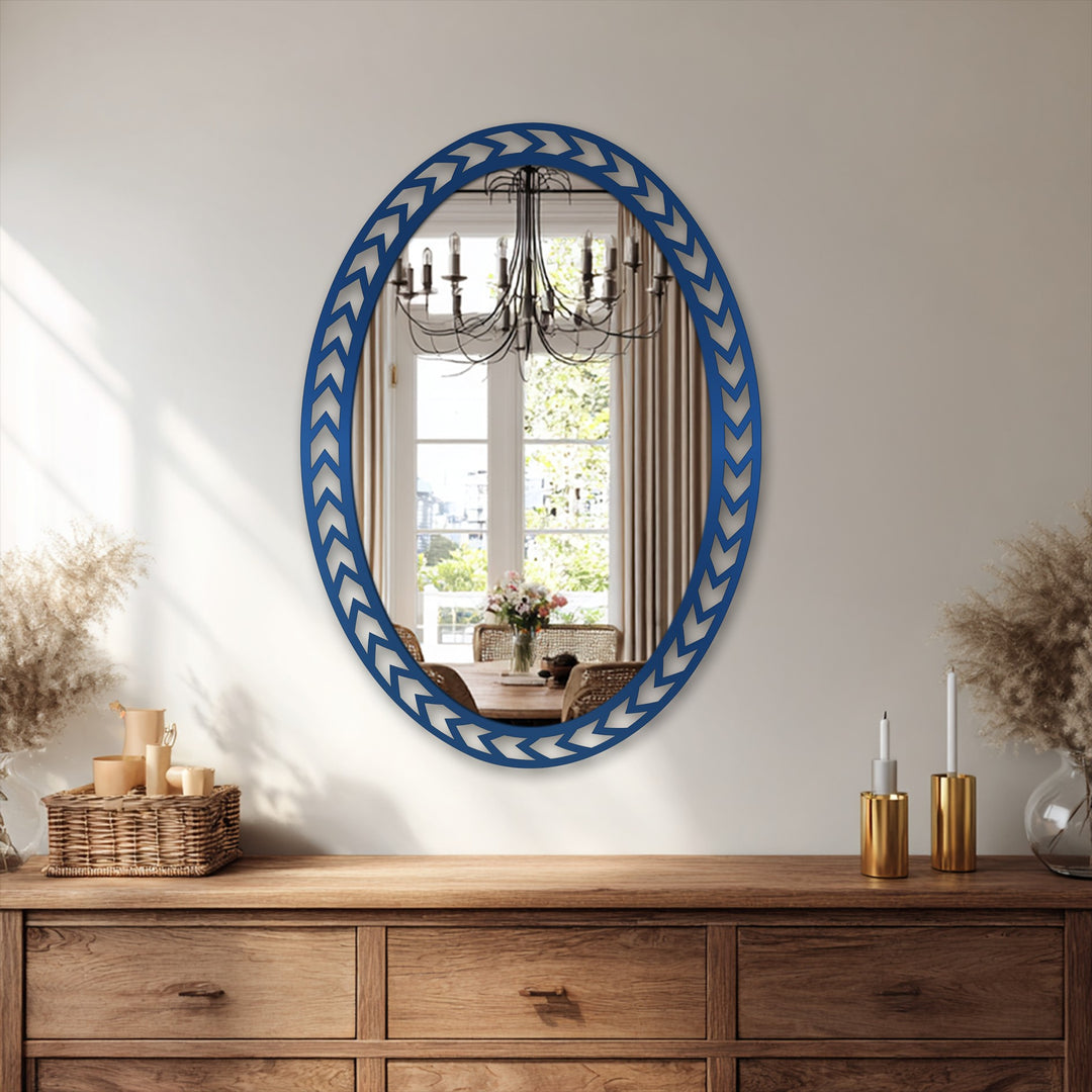 Reflecting organic forms within the Geometric Chevron Edge Oval Floor Mirror's reflection enhance the modern wall mirrors, echoing the room's natural decor.