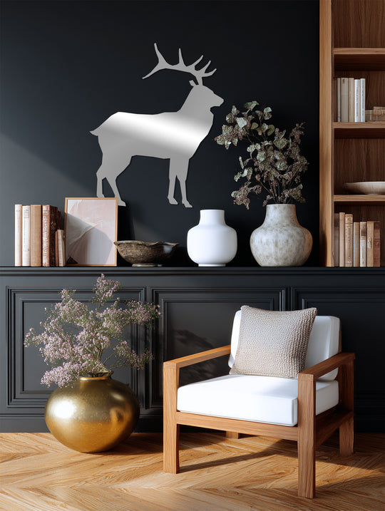 The finish of this silver Deer Silhouette Metal Wall Art highlights the subtle sheen, making this rustic metal artwork a focal point in any room.