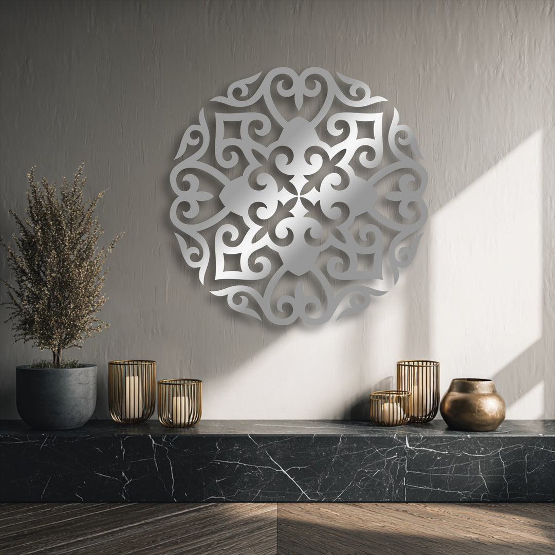 The serene and elegant mood is enhanced by the ornate round floral mandala unique metal wall art, casting soft shadows.
