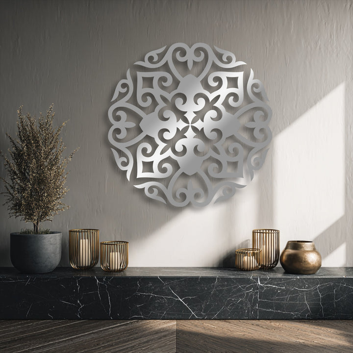 The serene and elegant mood is enhanced by the ornate round floral mandala unique metal wall art, casting soft shadows.