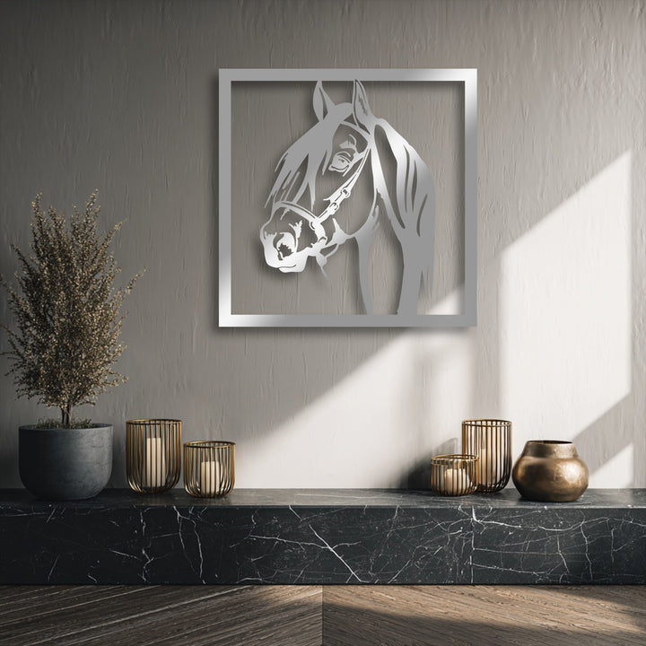 Light and shadow dynamically define the unique metal wall art, a modern horse portrait of a graceful stallion, creating striking depth.