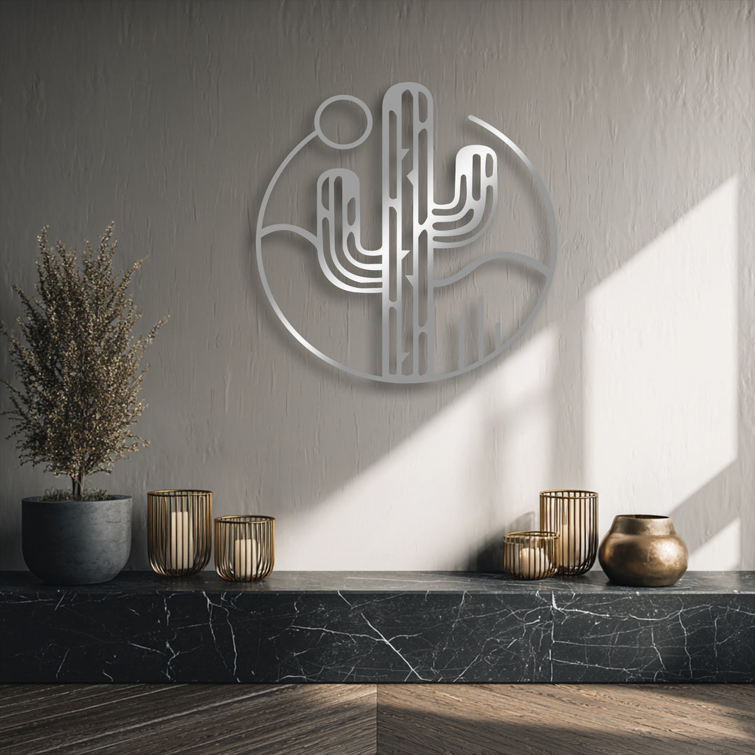 The stillness of the minimal desert cactus metal wall art creates a serene atmosphere, a perfect decoration wall art for modern interiors.