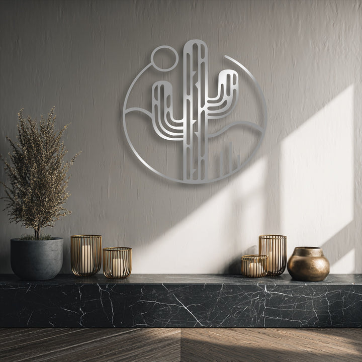 The stillness of the minimal desert cactus metal wall art creates a serene atmosphere, a perfect decoration wall art for modern interiors.