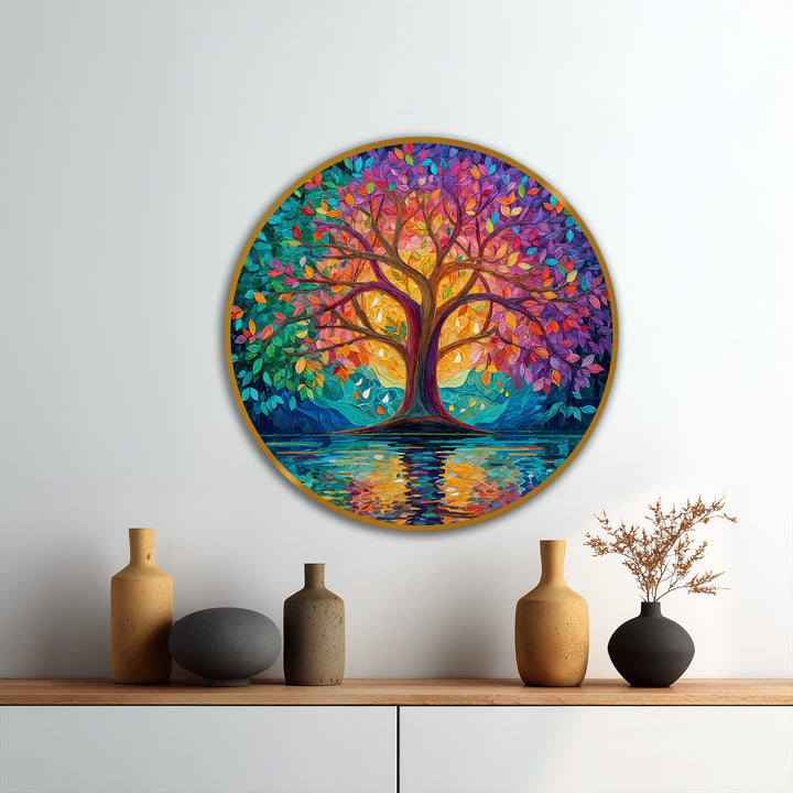 Round oil painting art piece featuring a central tree, framed by the circle's geometry and a balanced reflection in the water below, creates stunning geometric harmony.