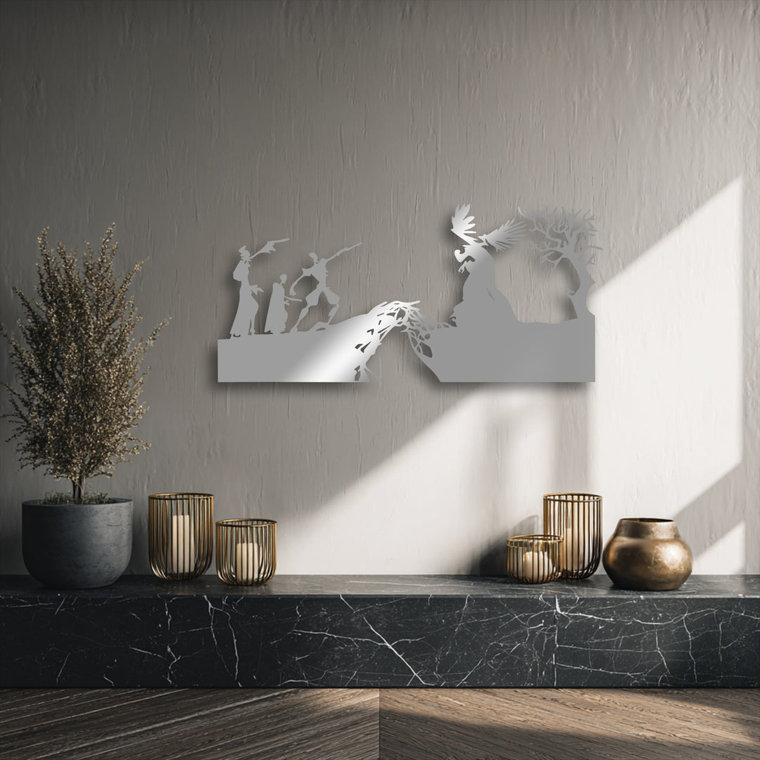 The smooth, matte finish of this silver mythological creation metal decoration wall art dramatically catches light, highlighting its intricate silhouettes.