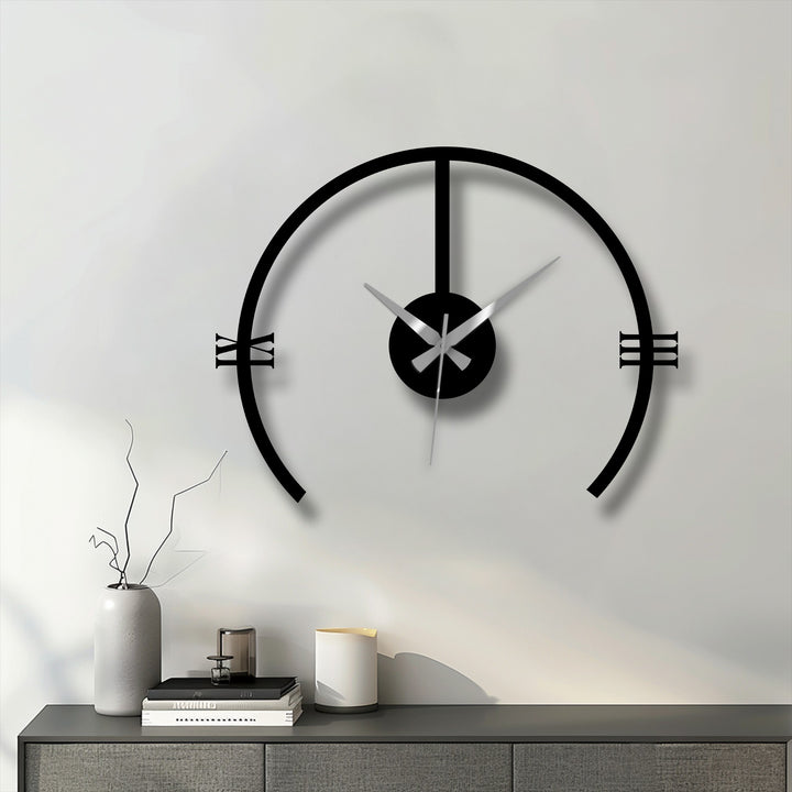 Geometric arch design defines this minimalist contemporary wall decor clock, a stylish metal artwork with Roman numeral details.