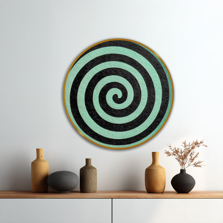 Depth and layers of the spiral create a mesmerizing effect in this minimalist black spiral on mint, round oil painting artwork.