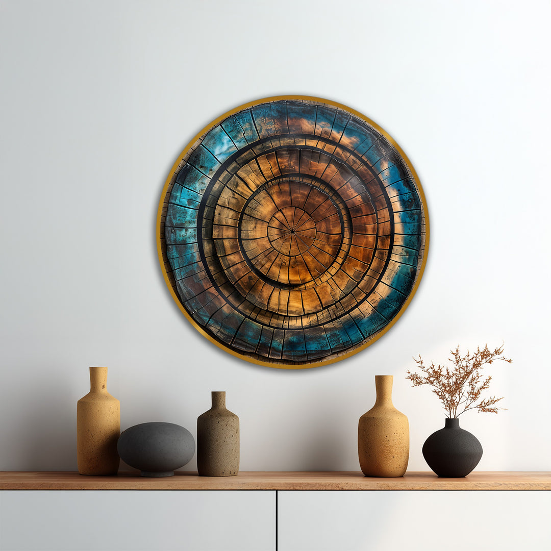 Vibrant color saturation highlights the copper and teal in this modern oil painting art depicting an abstract spiral on wood.