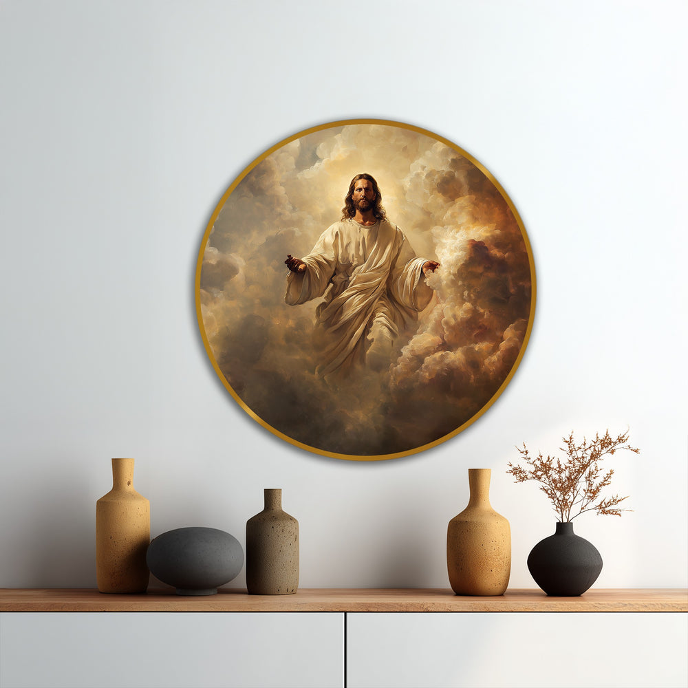 The focal point showcases a radiant oil painting artwork depicting Christ emerging from golden clouds, presenting a heavenly scene filled with grace and light.