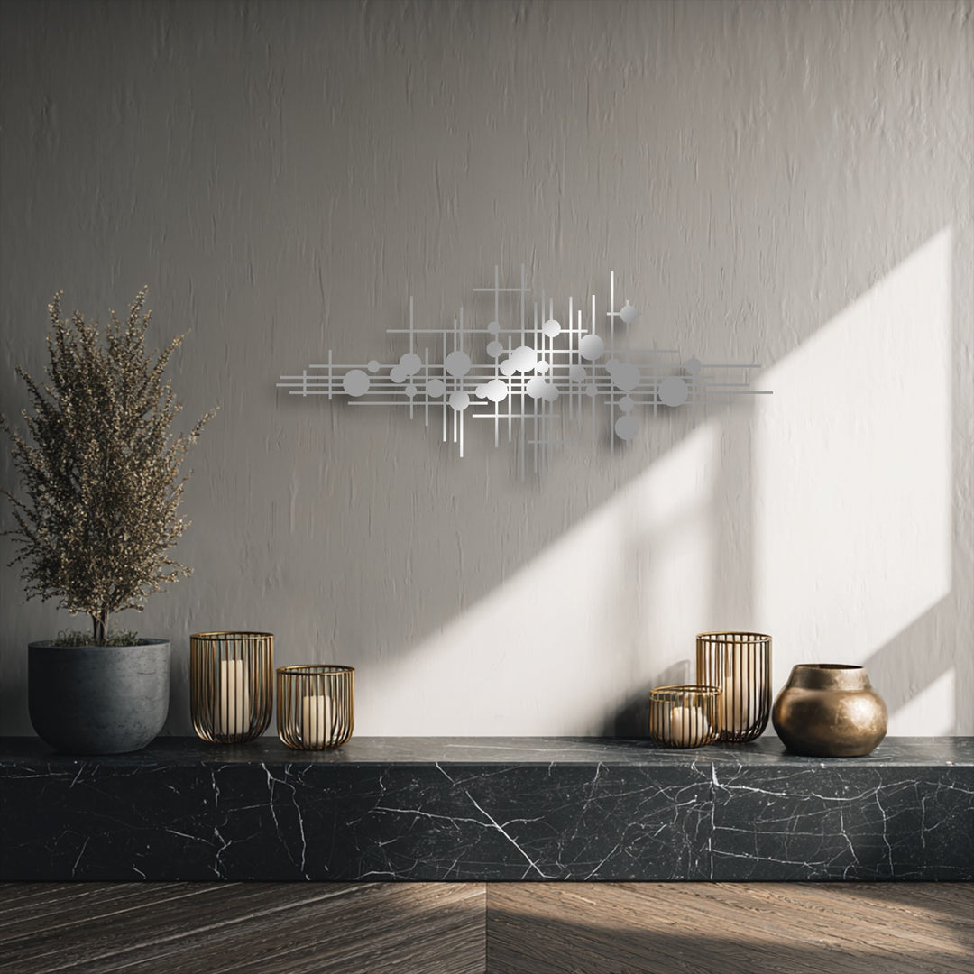 The sleek, brushed metallic finish of the geometric lines metal wall art offers a modern touch to any decoration wall art arrangement.