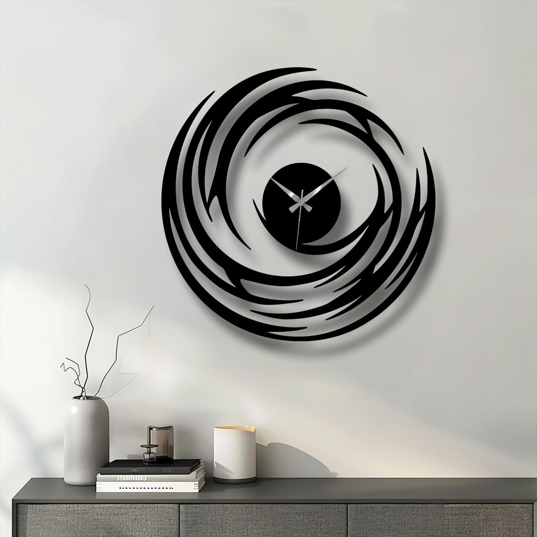 Highlighting the layering effect, this abstract spiral wall clock presents a modern decorative metal art piece with a captivating swirl design.
