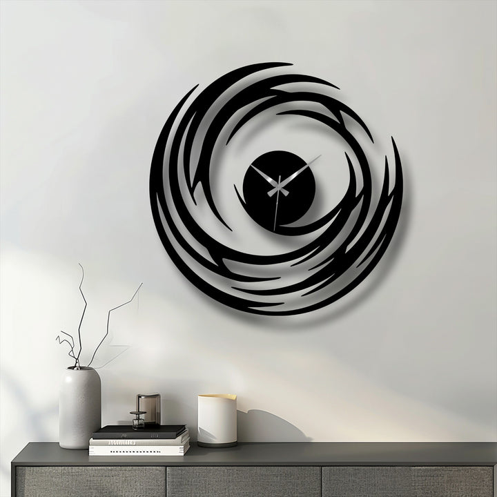Highlighting the layering effect, this abstract spiral wall clock presents a modern decorative metal art piece with a captivating swirl design.
