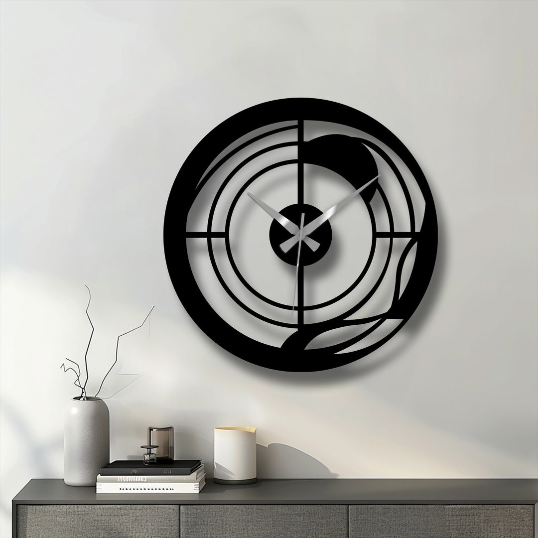 High color contrast highlights the unique metal wall art in this modern abstract spiral clock, a geometric decorative piece.