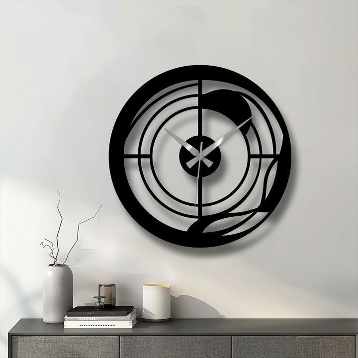 High color contrast highlights the unique metal wall art in this modern abstract spiral clock, a geometric decorative piece.