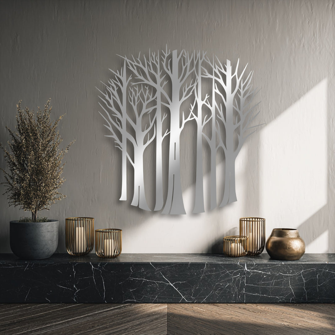 Dynamic bare forest trees decorative metal art visually flows upwards, their intricate silhouettes creating a graceful sense of natural movement.