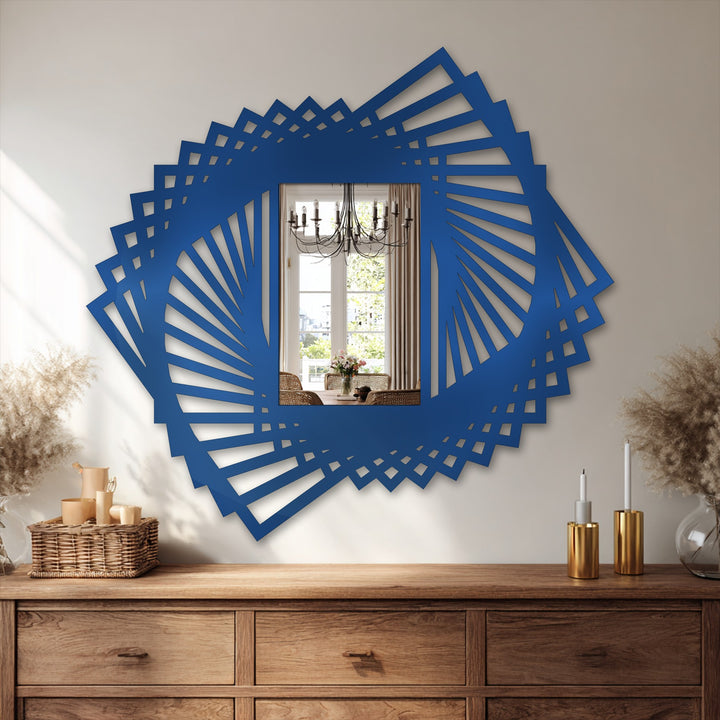 Rotating geometric frame is the focal point of the spiral fan design in this modern mirror, offering a unique metal art for wall decor accent.