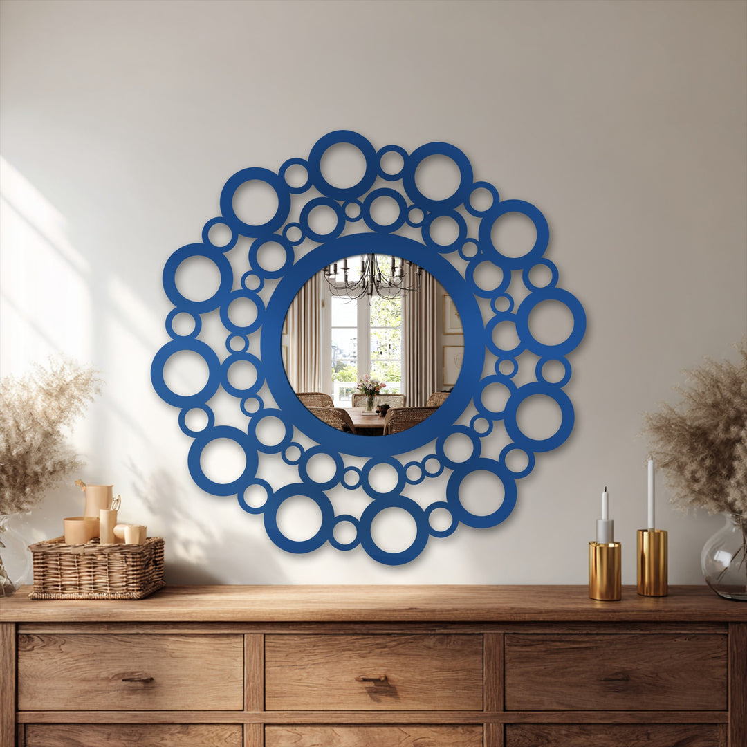 Circles of varying sizes create a sense of swirling motion in this bubble circle frame metal wall mirror, a striking piece of decoration wall art.