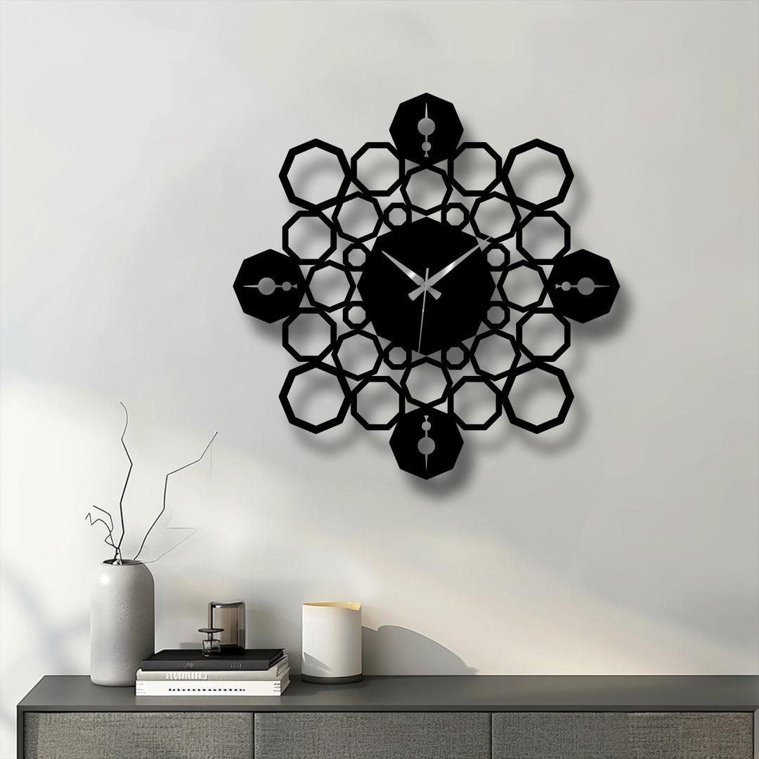 The stillness of the geometric mandala metal artwork clock, with its modern symmetrical design, brings quiet elegance to the light wall.