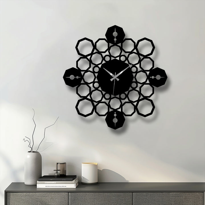 The stillness of the geometric mandala metal artwork clock, with its modern symmetrical design, brings quiet elegance to the light wall.