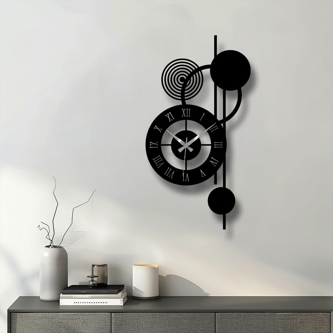 Black dominates this modern orbit metal wall clock featuring a unique modern wall decor design of circles, Roman numerals, and vertical abstract shapes.
