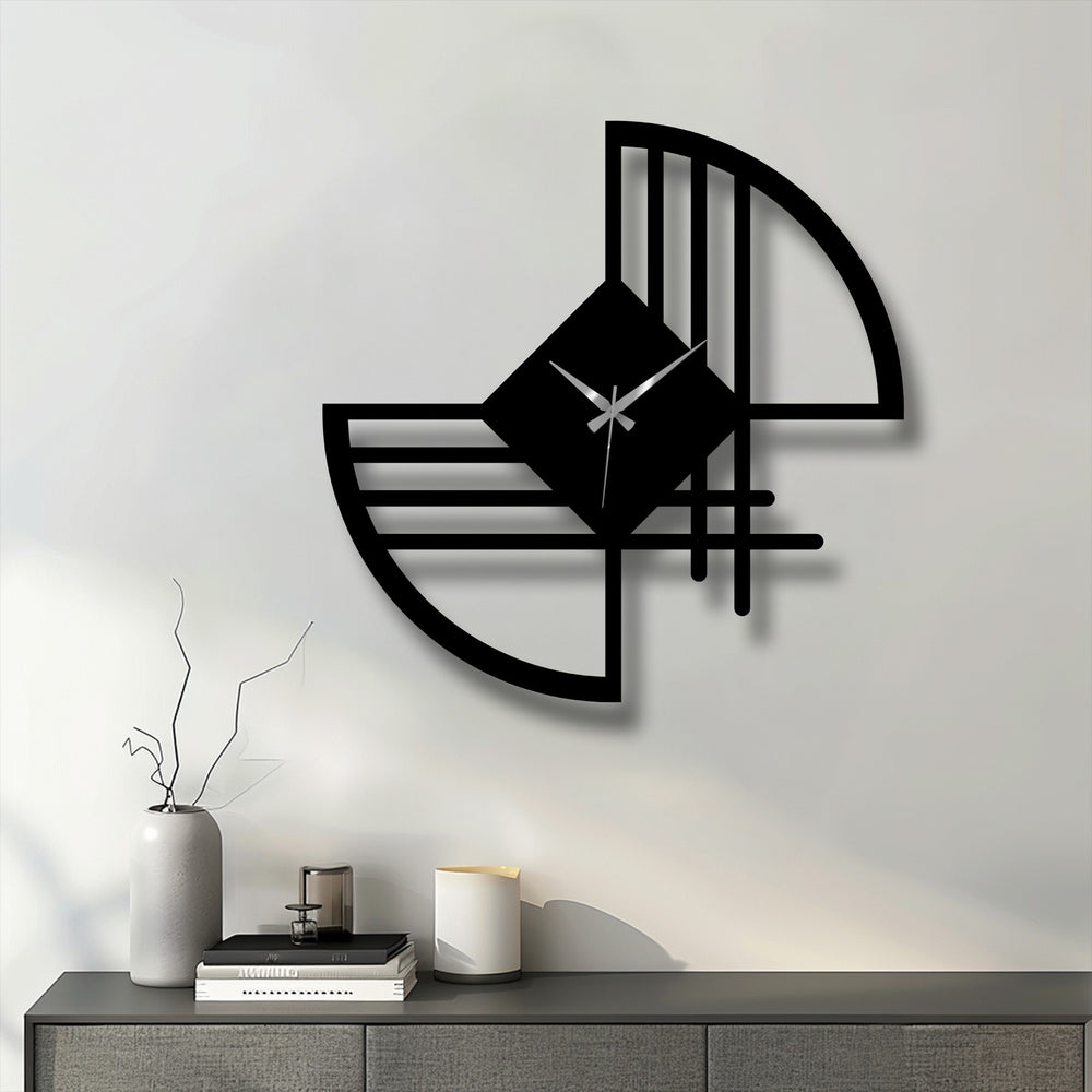 Negative space highlights the geometric form of this modern abstract line metal art for wall clock, adding a stylish focal point.
