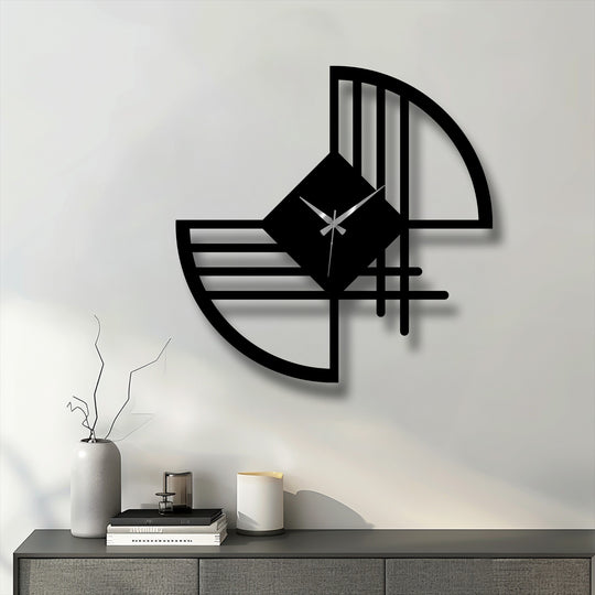 Negative space highlights the geometric form of this modern abstract line metal art for wall clock, adding a stylish focal point.