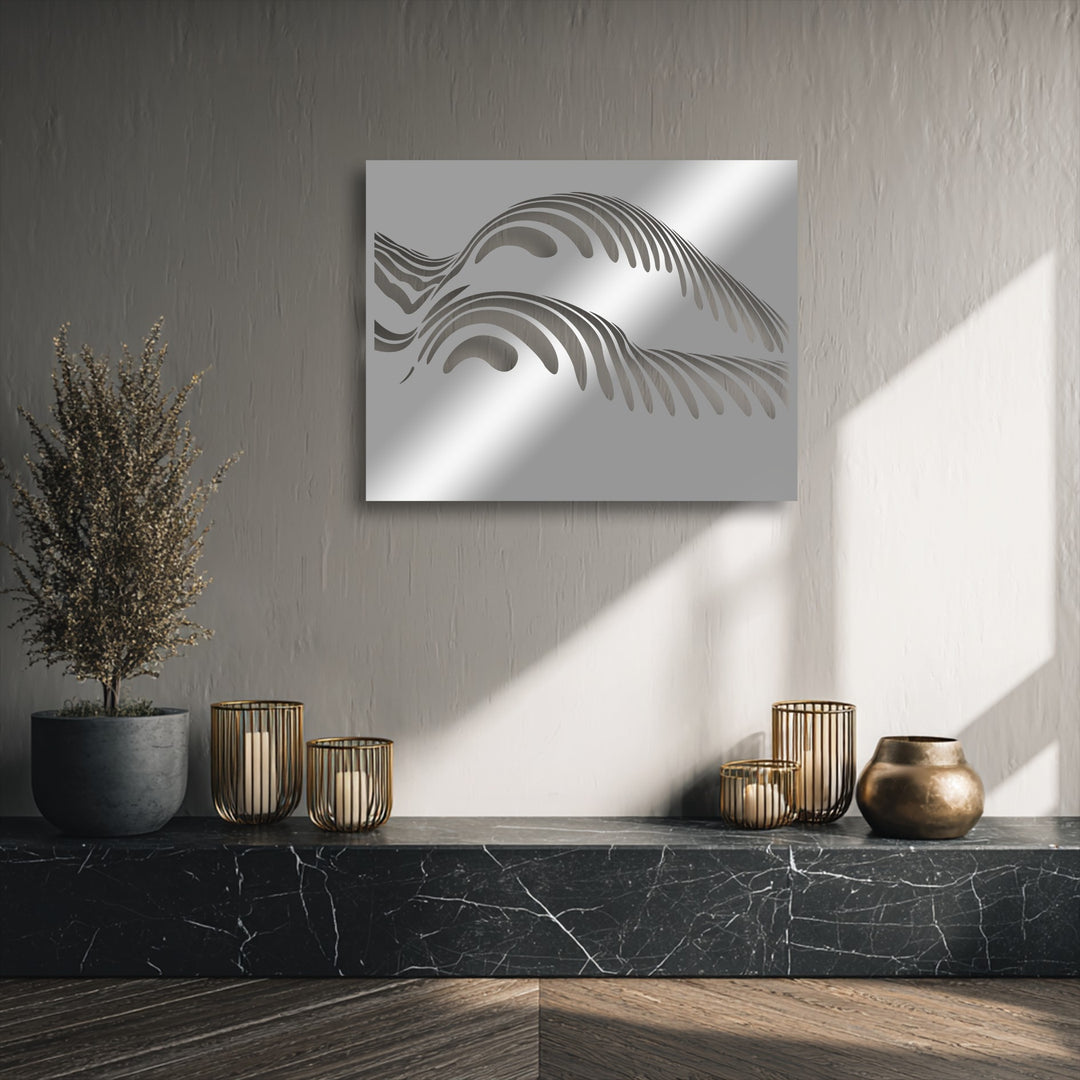 Morning light casts sharp shadows across the abstract ocean wave metal artwork, highlighting its polished surface and flowing design.