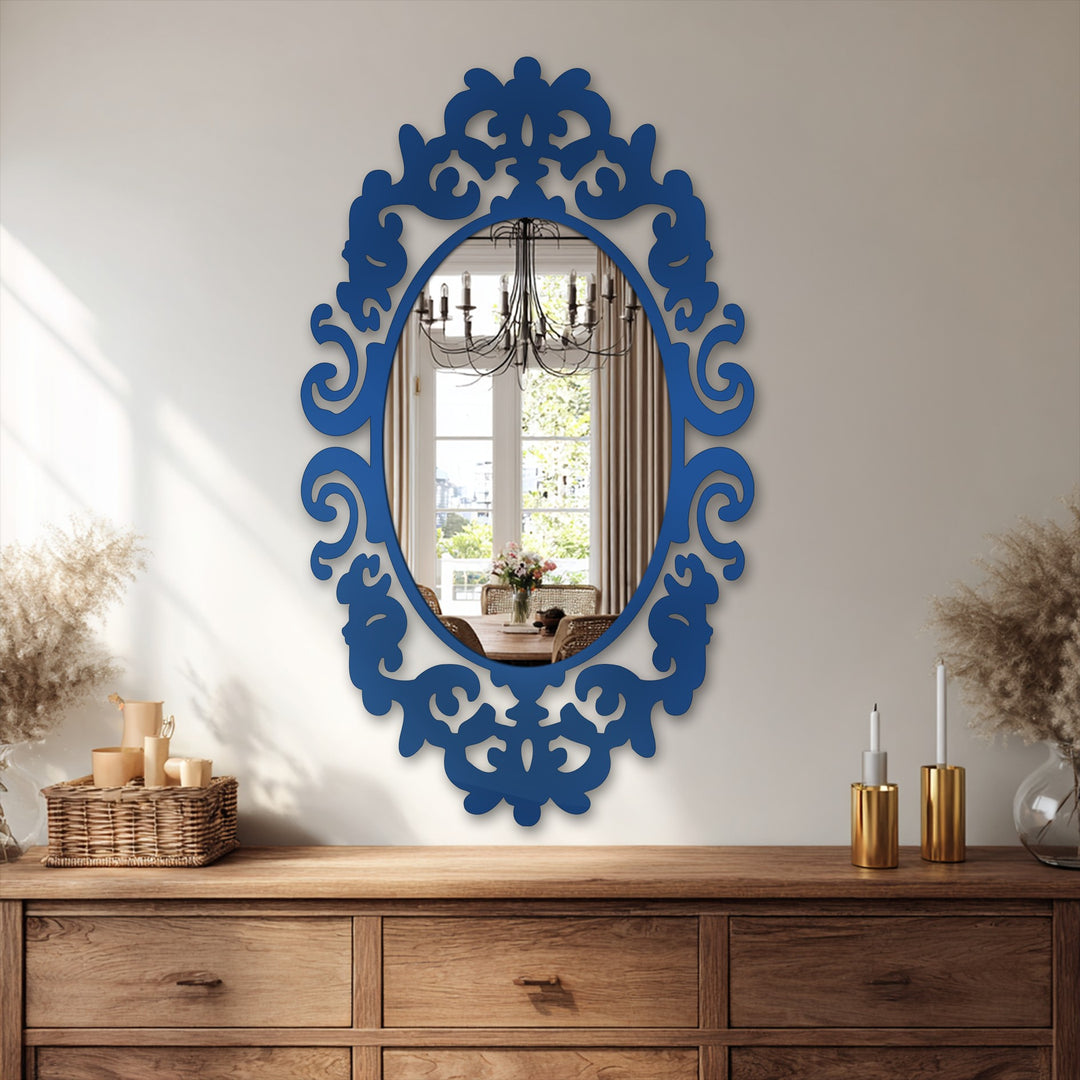 Smooth, matte surface on the royal crest ornament oval mirror highlights the intricate metal wall decor, adding an elegant, reflective touch.
