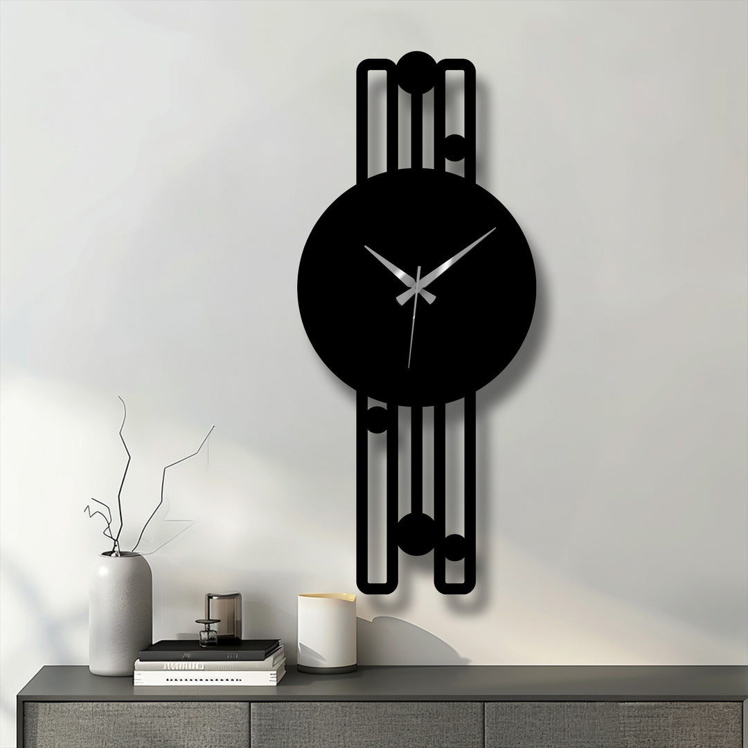 Black finish lends a sleek look to the elegant vertical metal wall clock, a piece of decorative metal art featuring a minimalist geometric frame.