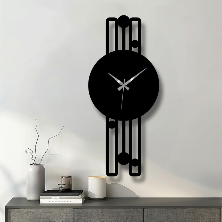 Black finish lends a sleek look to the elegant vertical metal wall clock, a piece of decorative metal art featuring a minimalist geometric frame.