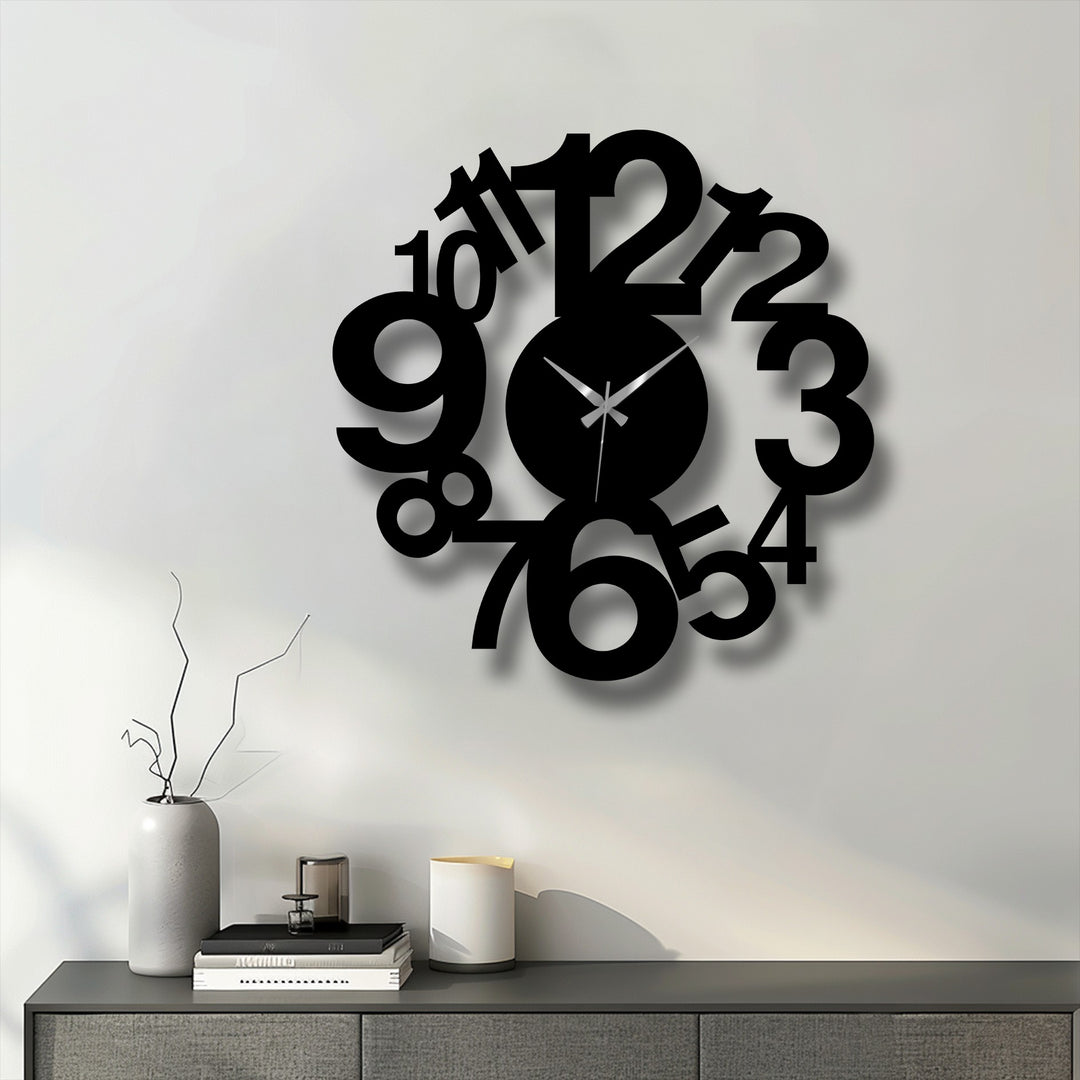 Bold, dark numbers dramatically design this abstract spiral metal wall clock, creating a bold piece of metal art for wall in a modern, numeric display.