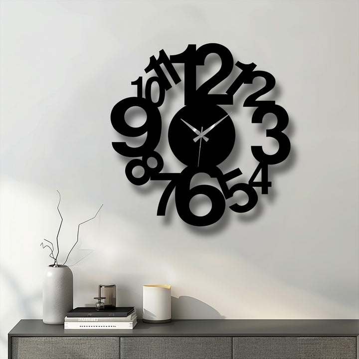 Bold, dark numbers dramatically design this abstract spiral metal wall clock, creating a bold piece of metal art for wall in a modern, numeric display.