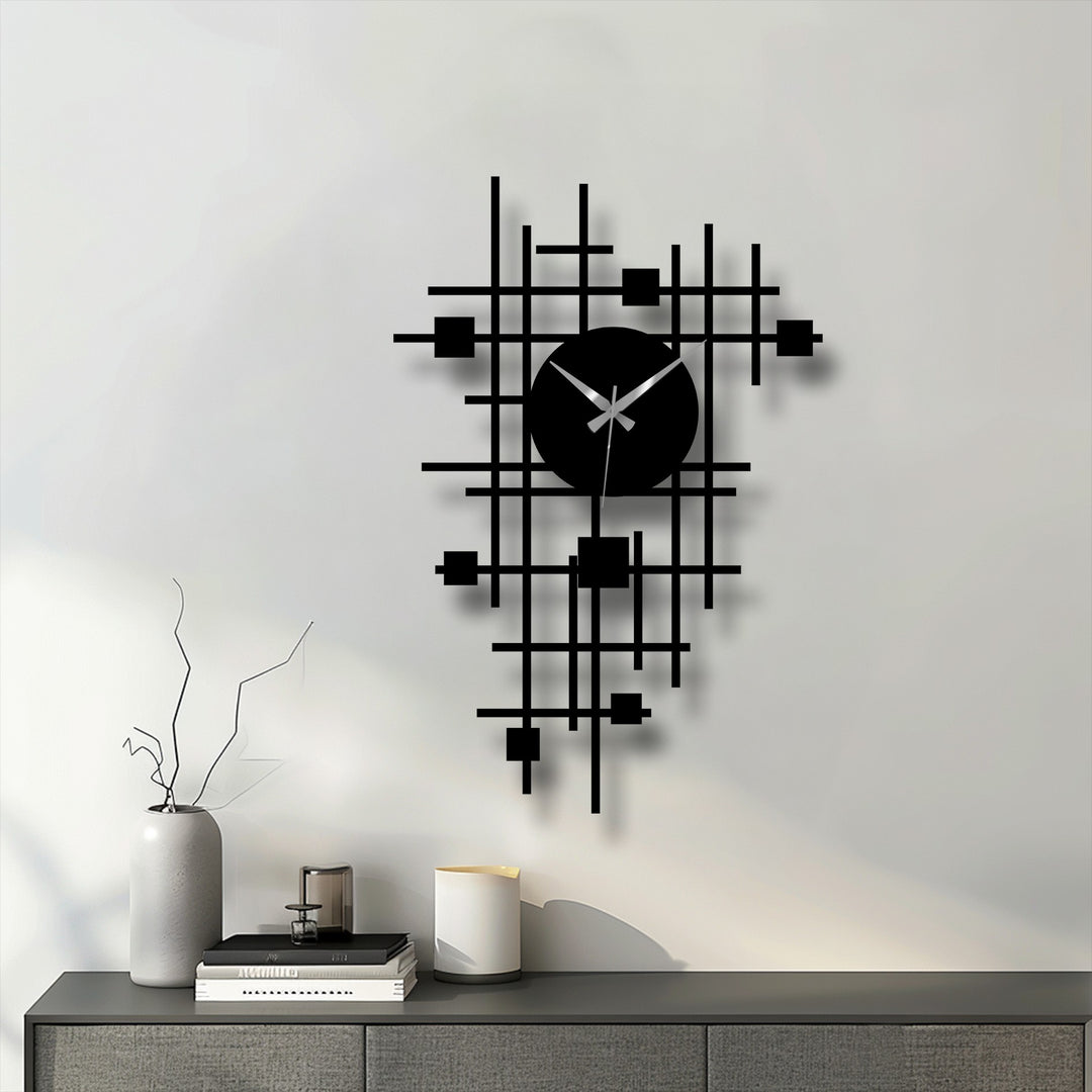 Highlighting the layering effect, this abstract grid metal wall clock presents a contemporary decoration wall art look with geometric lines creating depth.