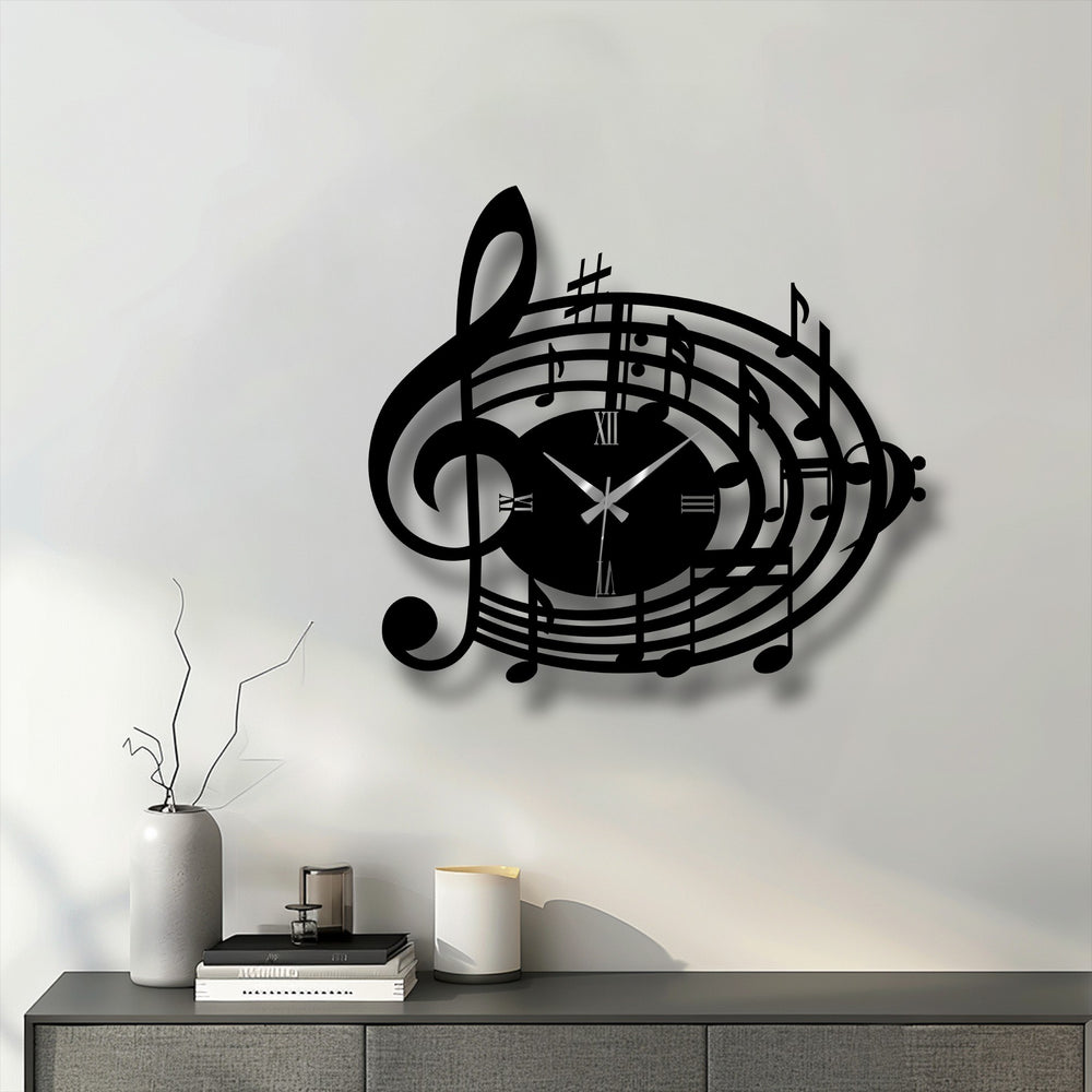 The subtle transition between colors enhances the black musical notes and treble clef design of this metal art for wall clock, creating a visually striking effect.