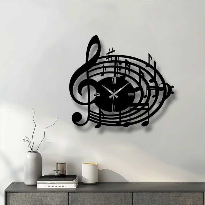The subtle transition between colors enhances the black musical notes and treble clef design of this metal art for wall clock, creating a visually striking effect.